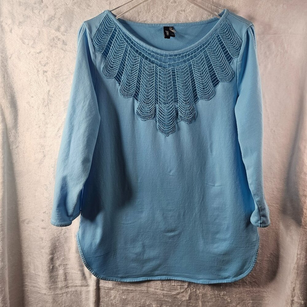 Ravel Blue Top Woman 3/4 Sleeve Open Embroidered Lace Embellished Size S
